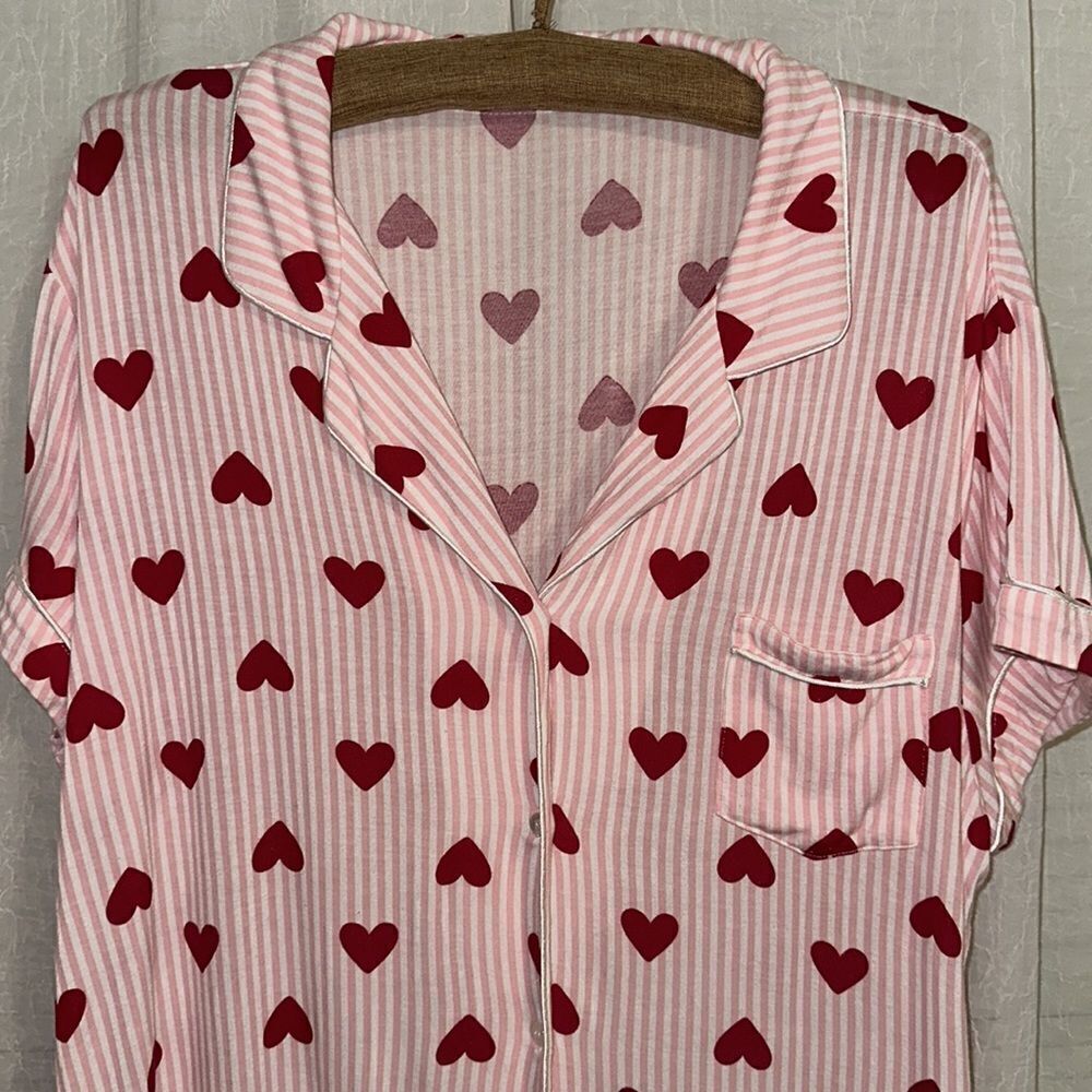 anko 16-18 Pink White Red Romantic Striped Pajama Set Short Sleeve Top & Shorts - Picture 3 of 13